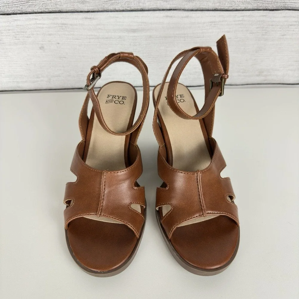 Frye and Co. Women's Brown Gelsey Heeled Open Toe Sandals Size 6.5 Vegan Leather